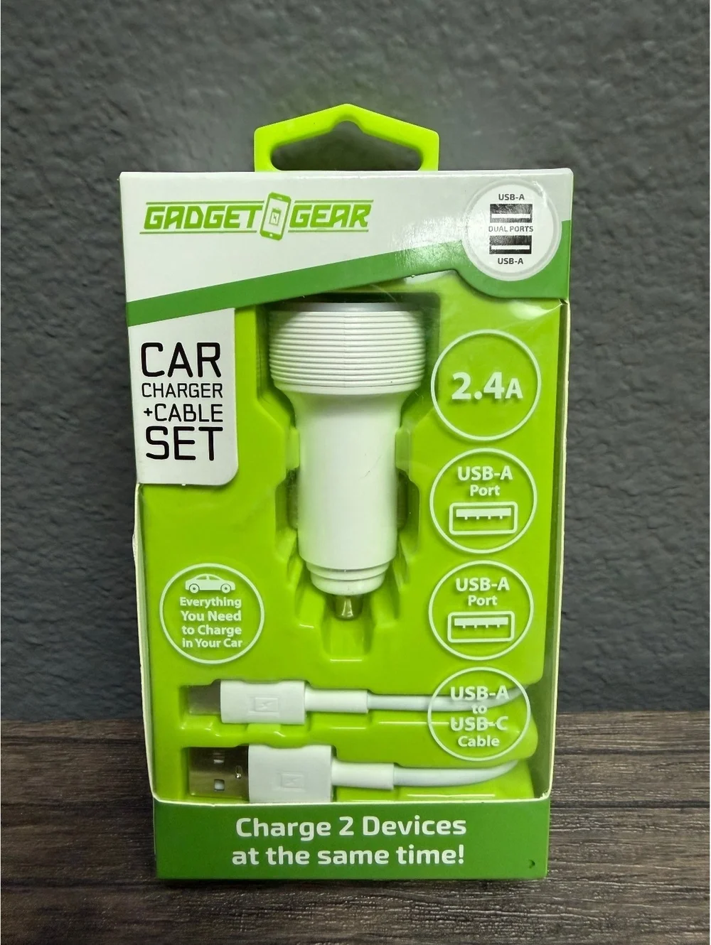2.4A Car Charger Adapter Dual USB Ports with USB-A to USB-C Cable Set Fast White